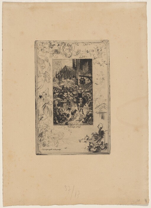 This is a drawing of a street scene. The composition portrays a busy street with various activities. Animals are running through the street, causing frenzy among the crowd. Tall buildings surround the scene. In the foreground, there are detailed figures engaged in the chaos. The drawing includes decorative elements along the borders. The style of the etching is dynamic, with sharp lines and expressive features.