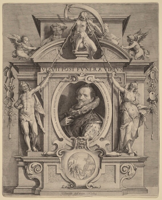The engraving displays a portrait within an ornate architectural framework. The central figure faces slightly to the right, with a beard and curly hair mostly covered by a collar. The attire is elaborate with a high ruff and patterned fabric typical of the 17th or early 18th century. Surrounding him are sculptural figures posed with cadavers, classical figures, and cherubs. Above the portrait, a female figure holds scythes. The background features intricate entablature and pediments with Latin inscriptions. Classical architectural elements and allegorical emblems adorn the scene.