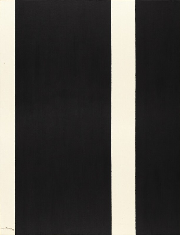 Two narrow white vertical lines separate the otherwise ink-black surface of this vertical, abstract painting. One white line runs up the left edge, and the other slices through the black about two-thirds of the way across the canvas. The artist signed and dated the painting in the lower left corner of the white strip in black paint: “Barnett Newman 1966.”
