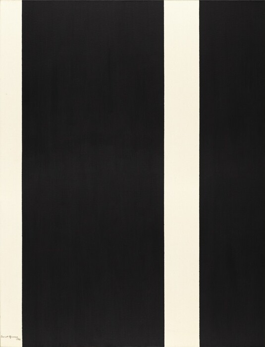 Two narrow white vertical lines separate the otherwise ink-black surface of this vertical, abstract painting. One white line runs up the left edge, and the other slices through the black about two-thirds of the way across the canvas. The artist signed and dated the painting in the lower left corner of the white strip in black paint: “Barnett Newman 1966.”