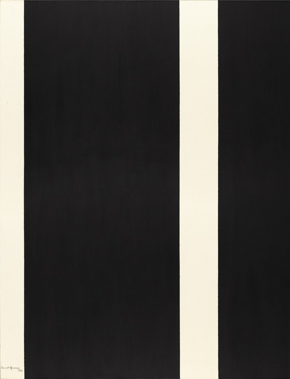 Two narrow white vertical lines separate the otherwise ink-black surface of this vertical, abstract painting. One white line runs up the left edge, and the other slices through the black about two-thirds of the way across the canvas. The artist signed and dated the painting in the lower left corner of the white strip in black paint: “Barnett Newman 1966.”