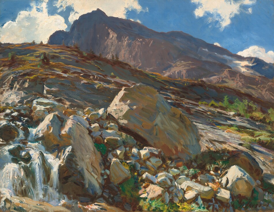 From a low vantage point, we look up a steep, rocky mountainside at a towering mountain peak in the distance in this nearly square landscape painting. Painted with tones of cobalt and topaz blue, caramel and clay brown, mauve pink, lavender purple, ivory, and cream white, the rocks and mountain nearly fill this composition against a deep, crystal-blue sky dotted with a few white puffy clouds. Water trickles along the rocky ground into a white waterfall near the lower left corner. Vibrant green moss grows on some of the smaller rocks that form a diagonal line down to the lower right corner. Larger boulders are painted with denim blue and harvest yellow beyond the smaller rocks. The rocky landscape slopes dramatically up into the distance, where it meets the sheer cliff face of a back-lit monolith that nearly touches the top edge of the canvas. Brushstrokes are visible throughout, especially along the center for the middle distance. Light pours over the scene from the left, but some of the middle ground is cast into shadow, perhaps by unseen ridges.
