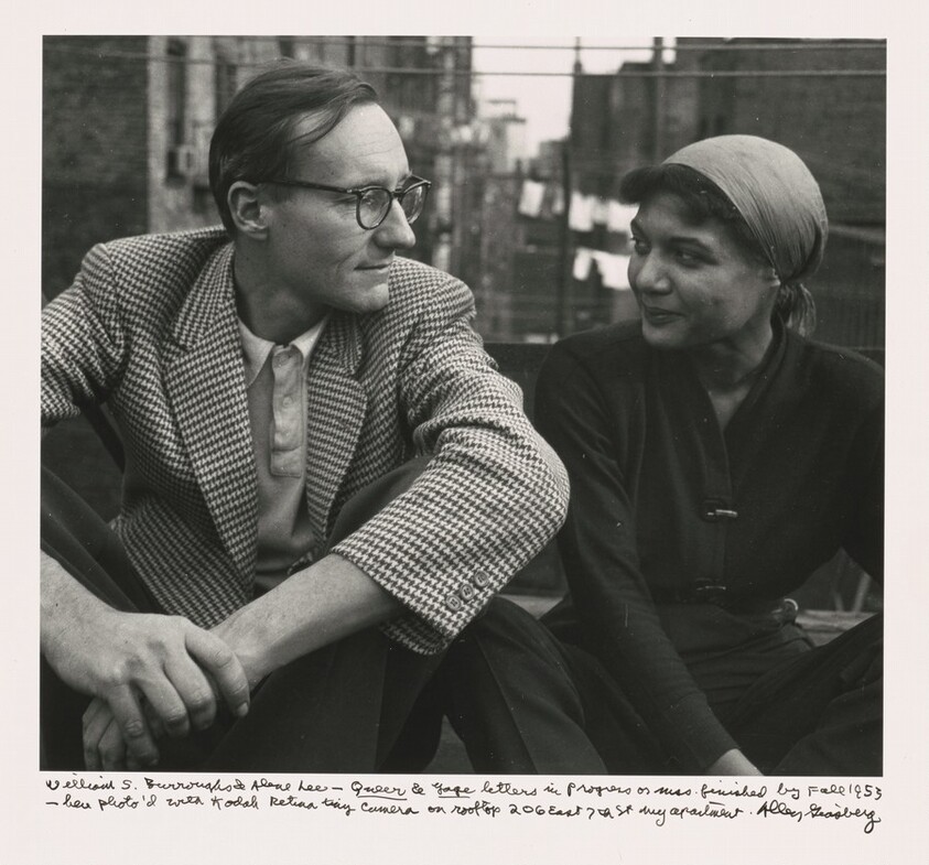 William S. Burroughs & Alene Lee -- _Queer_ & _Yage_ letters in progress or mss. finished by Fall 1953 -- here photo'd with Kodak Retina tiny camera on rooftop 206 East 7th St. my apartment.