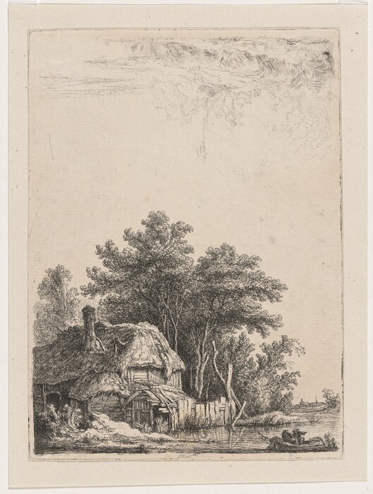 The image shows a rustic dwelling with a thatched roof amidst tall trees. A faint outline of buildings can be seen in the distance along the horizon. The scene is depicted in an etching style with fine lines detailing the foliage and structures. A small body of water with a boat and two figures is nearby. The color palette is monochromatic, with various tones of black and gray.