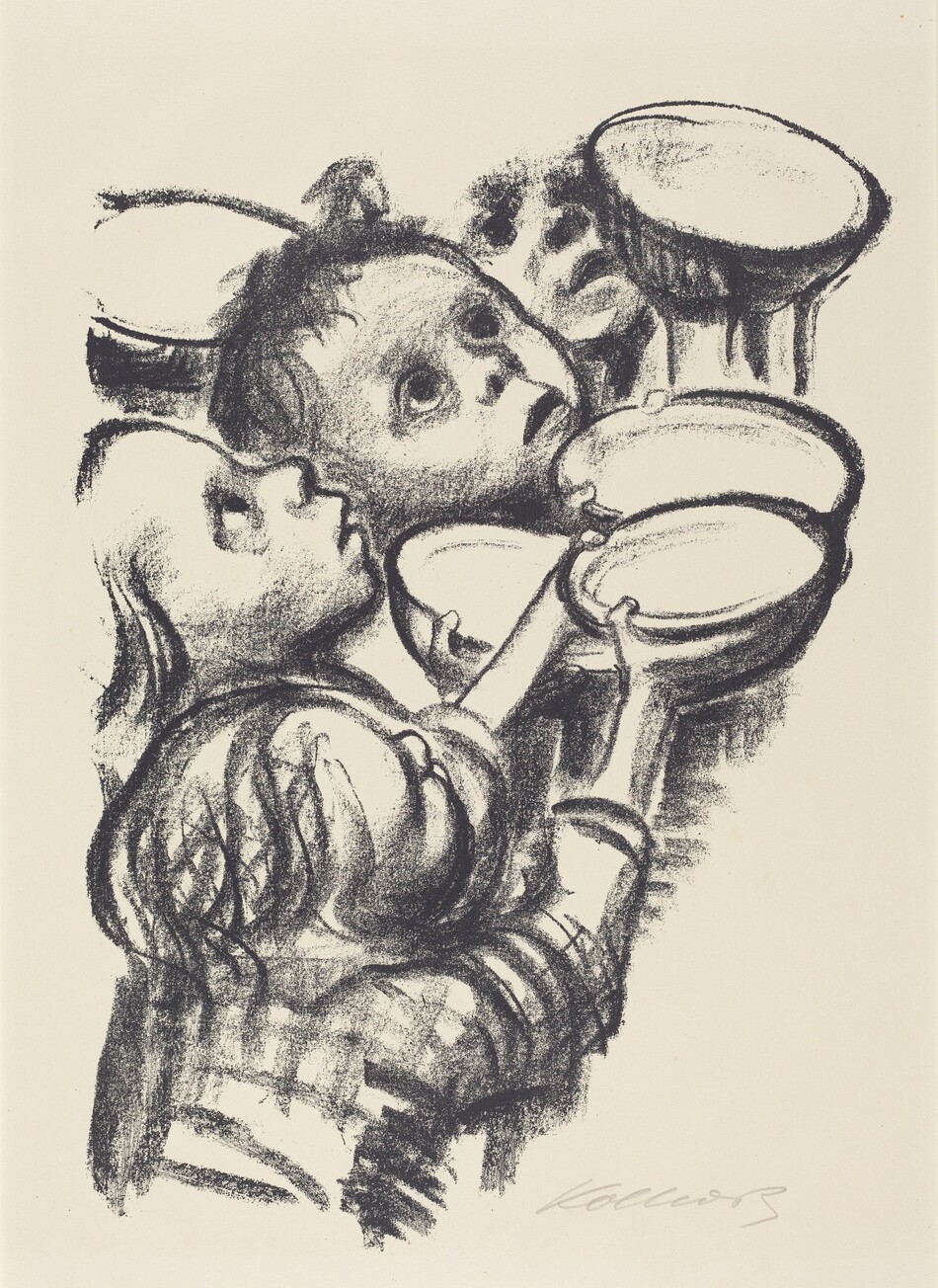 The image is a sketch of four children shown from the shoulders up. Three children are close together in the lower half of the image, while the fourth child is slightly elevated towards the top. The children have varied facial features with wide eyes and open mouths. The sketchy lines depict their hair with a sense of movement. The children wear simple, patterned shirts with visible folds and creases. They hold bowls or containers with bold outlines in their hands. The background is minimal with light shading indicating depth.