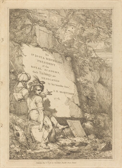This is a drawing of a dedication scene. It shows two figures seated outdoors, gesturing towards a large, inscribed panel. The figures wear elaborate clothing, with one in a feathered hat. The inscription on the panel dedicates to Sir Joshua Reynolds from J. H. Mortimer in 1778. The surrounding scenery includes tree trunks, foliage, and detailed textures and shading. The style is intricate and precise, resembling an 18th-century etching or engraving.