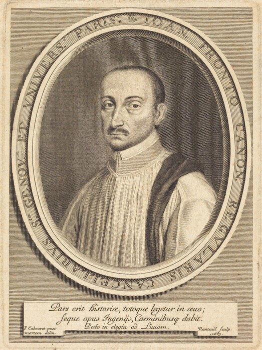 The image shows a bust-length portrait of a man in a three-quarter view. He has a mustache, short hair, and is wearing formal historical attire with a high collar. A dark drape is visible over his shoulder. The portrait is within an ornate oval frame with inscriptions. The background has a light, hatched pattern. Below the portrait, a rectangular label contains text.
