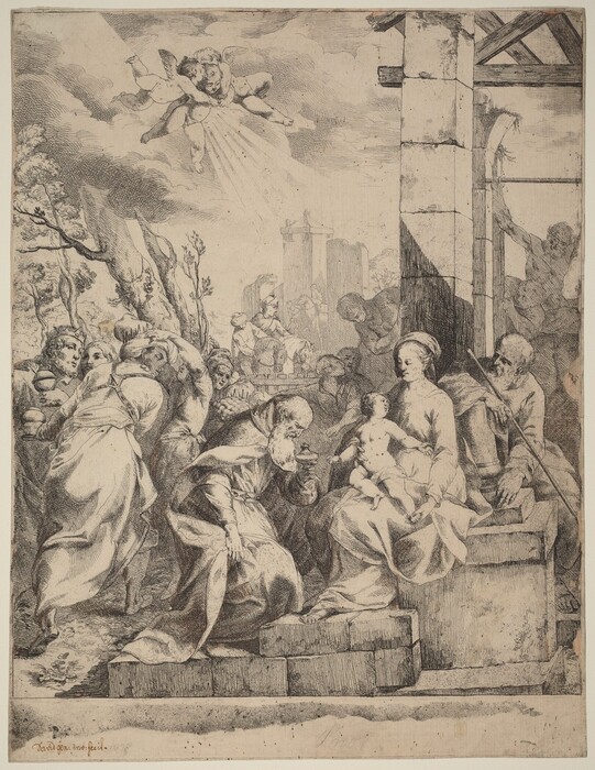 This is a drawing of a religious scene. Figures are gathered around a child with two cherubs descending from the sky. The image shows people in flowing garments, one elder figure kneeling and presenting a vessel to a seated woman holding a child. The composition includes classical architectural elements like stone arches and a partially constructed wooden beam structure. The background features additional figures and trees, with two cherubs flying among clouds and rays of light in the upper portion of the scene. The delicate line work and shading give a sense of depth and movement, consistent with a baroque style of drawing.