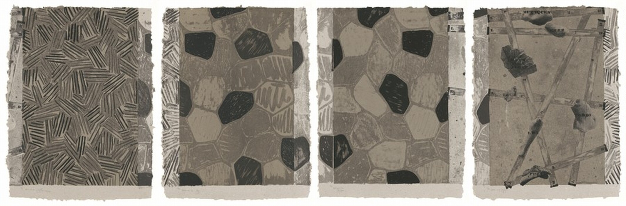 The image is an abstract composition divided into four panels. The first panel contains parallel and angled lines forming a pattern. The second and third panels feature irregular polygonal shapes with overlapping dark-colored textures. The fourth panel showcases intersecting diagonal lines with round, dark blotches.