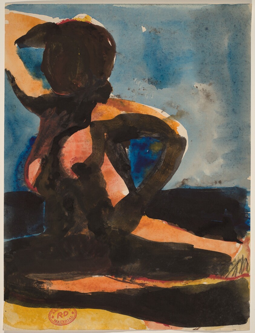 Untitled [female nude seated on the floor with left arm raised]
