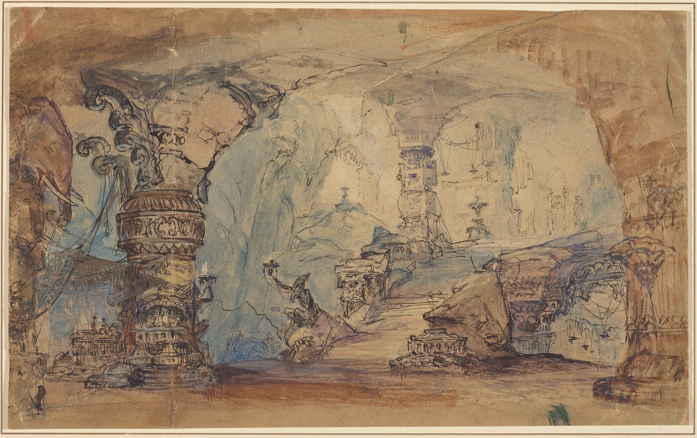 The image depicts swirling lines and jagged shapes, suggesting dynamic movement. Elements resembling ancient architectural features, including columns and archways morphing into fantastical formations, are visible. There are hints of intricate foliage or ornate carvings on the left side, evoking spirals of decorative columns. Scattered pillars with textured surfaces could be interpreted as weathered ruins, towers, or relics in a mythical cityscape or mysterious cavern.