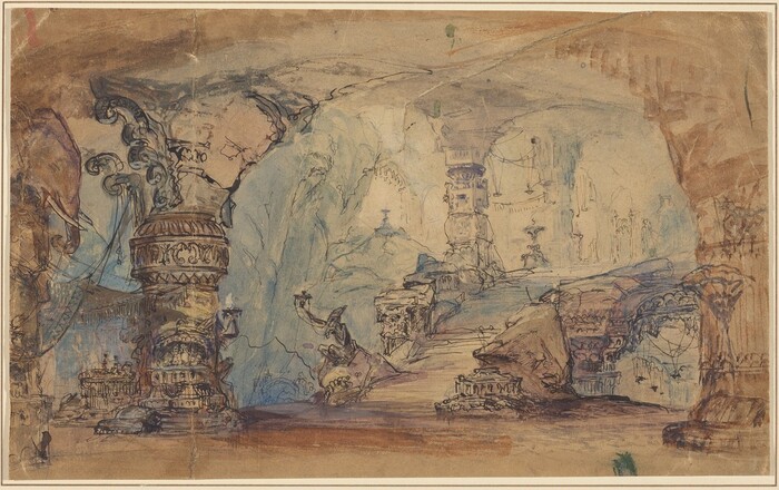 The image depicts swirling lines and jagged shapes, suggesting dynamic movement. Elements resembling ancient architectural features, including columns and archways morphing into fantastical formations, are visible. There are hints of intricate foliage or ornate carvings on the left side, evoking spirals of decorative columns. Scattered pillars with textured surfaces could be interpreted as weathered ruins, towers, or relics in a mythical cityscape or mysterious cavern.