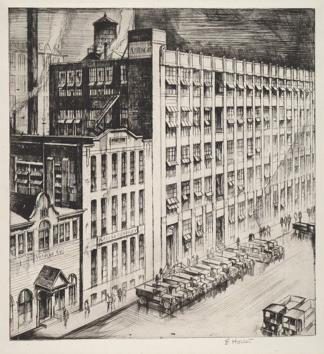 The image displays a bird's-eye view looking down at an industrial cityscape. The horizon is not visible, as the focus is on the tall factory and office buildings that line the street. The structures form a line receding into the distance. The etching technique reveals brushstrokes, offering a detailed representation of the buildings. Rows of vintage automobiles are parked along the curb, with small groups of people walking on the sidewalk. The color palette is monochromatic, using shades of black and white to emphasize light and shadow, highlighting the architectural details. In the background, the sky is densely filled with cross-hatched lines, creating a textured backdrop.