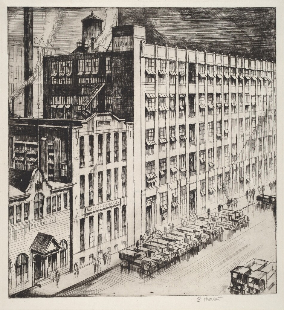 The image displays a bird's-eye view looking down at an industrial cityscape. The horizon is not visible, as the focus is on the tall factory and office buildings that line the street. The structures form a line receding into the distance. The etching technique reveals brushstrokes, offering a detailed representation of the buildings. Rows of vintage automobiles are parked along the curb, with small groups of people walking on the sidewalk. The color palette is monochromatic, using shades of black and white to emphasize light and shadow, highlighting the architectural details. In the background, the sky is densely filled with cross-hatched lines, creating a textured backdrop.