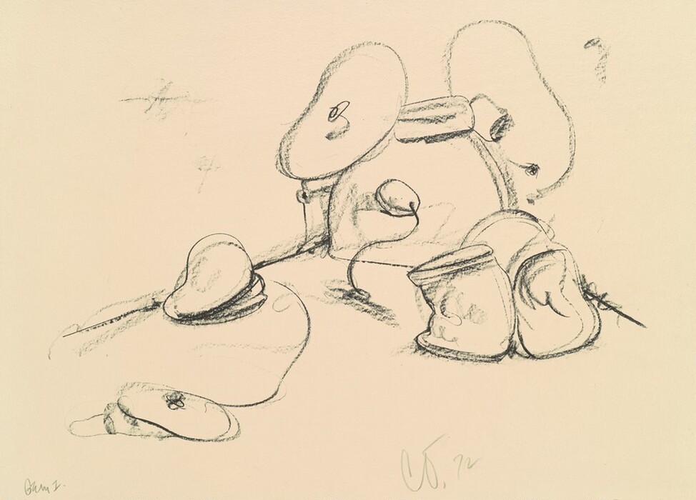 The image shows a series of curved lines and oval shapes connected in an abstract arrangement. Two larger rounded forms at the top resemble the shape of musical cymbals or lids, while the interconnected lines suggest tubing or flexible wires. Below, the softer outlines evoke the notion of a variety of disjointed objects, such as hats or small containers, scattered randomly as if in a jumble.