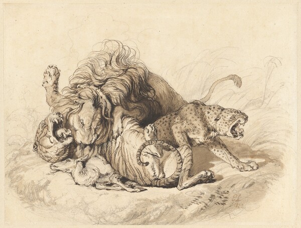 Contending Group after Nature [A Lion Fighting a Tiger and a Leopard]
