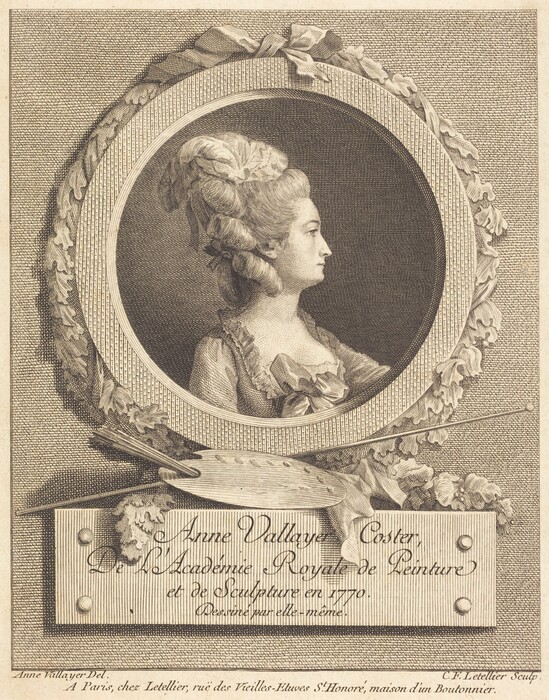 The image shows an upper body portrait in profile of a person facing right. The individual is positioned sideways, with the head turned slightly towards the viewer's side. The person has tall, voluminous coiffures adorned with what appears to be ribbons or decorative elements within the hair. The face shows classical features with a calm and serene expression. The attire is elaborate, with decorative lace or elaborate fabric around the neckline and shoulders. Surrounding the portrait is an ornate circular frame decorated with leafy motifs, possibly laurel leaves. Below the portrait, there is a decorative panel with scripted text, an artist’s palette, and brushes. The background of the image is filled with fine, detailed crosshatching.