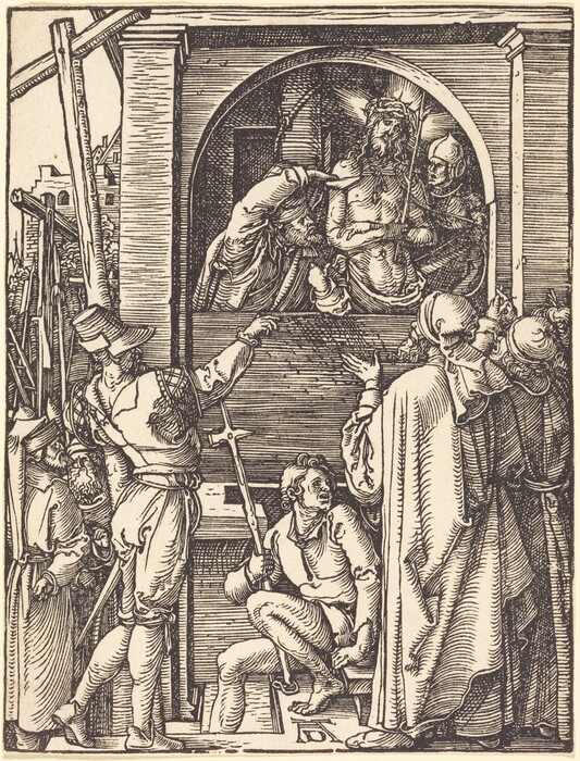 This drawing depicts a scene with a group of people gathered around a central figure wearing a crown of thorns. The central figure stands within an archway, bare-chested, in a resigned or pained stance. Surrounding the central figure are various individuals engaging in discourse or gestures. Three figures on the right are in conversation, facing the central scene, while another figure on the left also engages with the central figure. One person seated at the bottom holds a staff or pole and looks up towards the central figure. The composition utilizes shading and lines for texture and depth, emphasizing the emotional intensity of the scene. The background features architectural elements like arches and beams, setting a classical tone for the encounter.