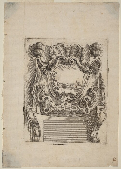 The image displays an intricately carved frame enclosing a landscape scene. The view is centered on the scene within the frame. The landscape includes buildings and distant hills or trees. The frame and scene are detailed with fine lines and hatching to show texture and depth. The frame is adorned with swirling patterns, scrolls, and a shell motif at the top center. The color scheme is monochromatic, emphasizing the details of the frame and scene. The frame occupies most of the space, directing attention to the central circular landscape, creating a sense of a distant world captured within the design.
