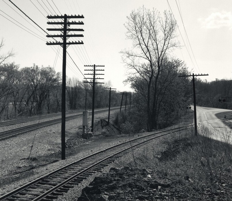 The image depicts railroad tracks curving into the distance, lined with utility poles. Nearby, a utility pole with birds perched on it stands tall. Power lines stretch overhead, while leafless trees and a road run parallel to the tracks. The ground is covered with dry grass and rocks, and the scene is rendered in black and white.