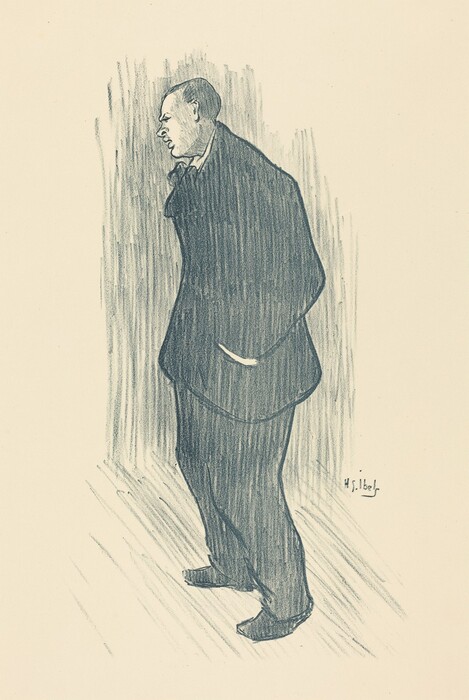 The image shows a man in a three-quarter view standing with one hand in his pocket. He is depicted with distinct facial features, wearing a double-breasted suit with a textured background. The signature "H. Ibs [illegible]" is at the bottom right corner. The style of the image is monochrome and illustrative.