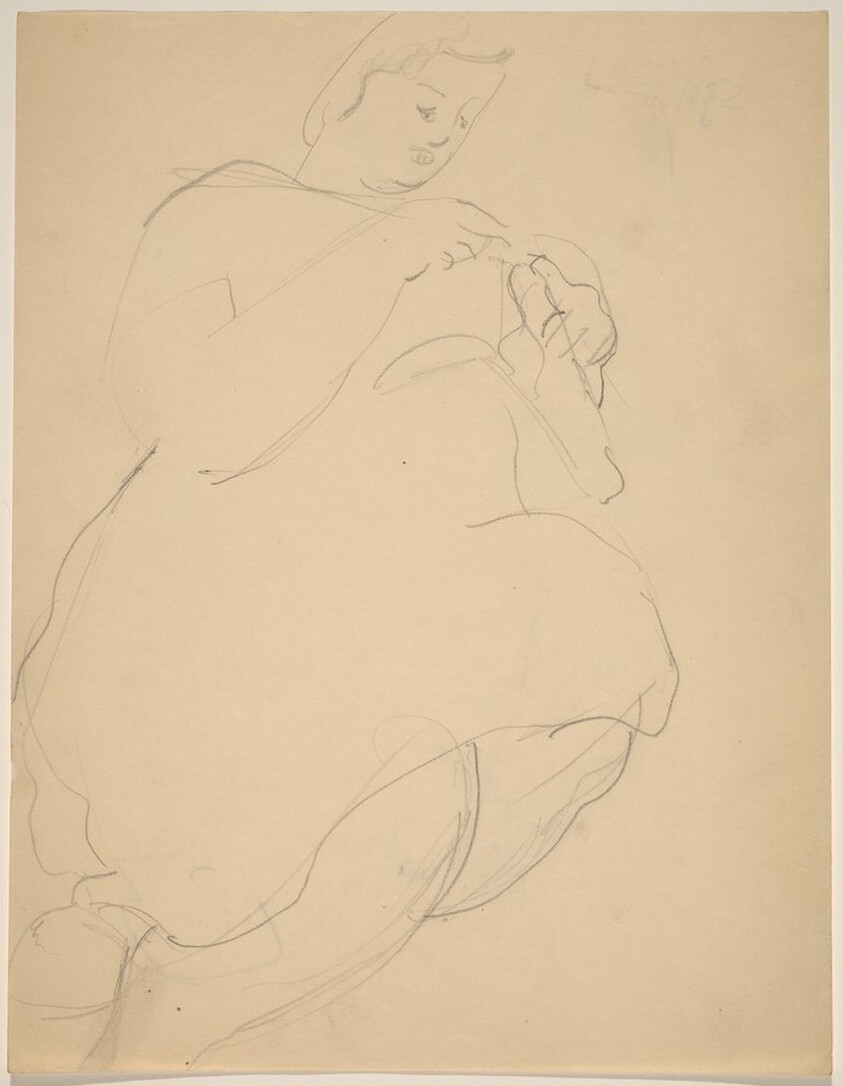 Seated Woman Seen from Below, Knitting [recto]