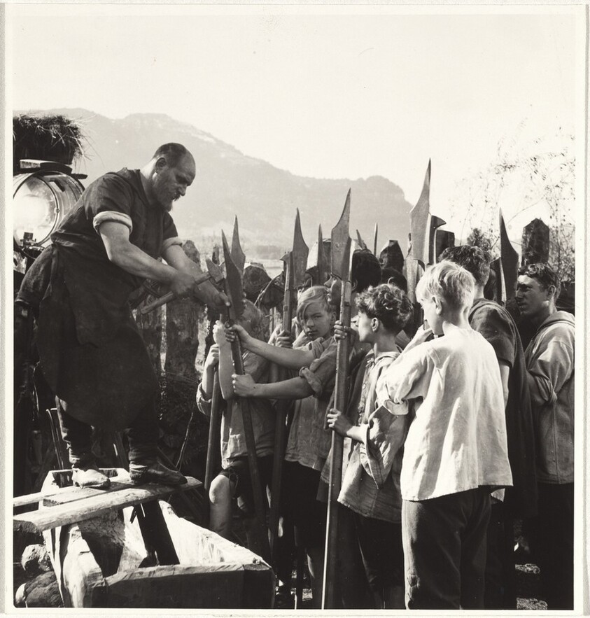 Actor hammering weapon--Filming "Landammann Stauffacher"