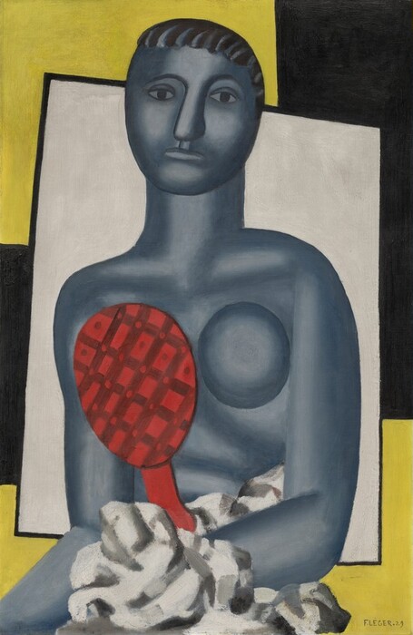 Shown from the hips up, a person with flint blue-colored skin sits in front of geometric shapes filled with flat color in this stylized, vertical painting. The woman’s hair lies across the top of her head, and she has almond-shaped eyes, a long, straight, wide nose, and her thin lips are closed. Her face and shoulders square toward us, and she holds the handle of an oval mirror so the red back side faces us over one bare breast. The surface of her skin is shaded dark around the edges so the curves appear polished or even metallic. White and gray material, presumably fabric, bunches in her lap. Her torso is framed by a slightly irregular tall white rectangle outlined in white. The upper left corner and the bottom zone of the background are canary yellow and the other areas black. The artist signed the painting in the lower right corner, “F. LEGER. 29.”