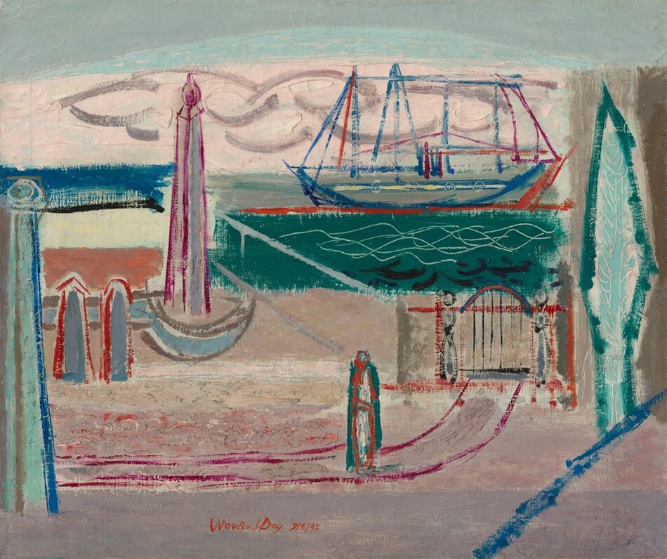 The image contains angular and curved lines in an abstract composition. There is a tall, tapered shape in the upper left, a sailboat, and a stylized sea background. In the foreground, there are parallel lines and curves indicating a walkway with stylized architectural elements or gates. On the right, there is a vertical shape resembling a tree or cypress. The elements suggest a coastal landscape merging nautical symbols and architecture.