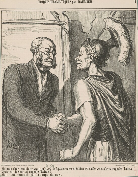 The image shows two men engaged in a handshake. The man on the left wears glasses, a dark suit with a high-collared shirt, and has curly sideburns. The man on the right wears a Roman soldier costume with a helmet and a cape. The background shows plain textured walls, hinting at an indoor space like a backstage or dressing room.