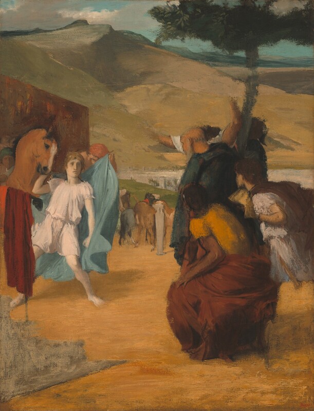 Two groups of people face off in front of a hilly landscape in this loosely painted, vertical scene. On our left, a pale young man in a white tunic looks with eyes wide and lips parted at a group of three people on our right. The young man's right hand, on our left, is raised to stroke the head of a reddish-brown horse at his right shoulder. He stands with feet planted wide, knees bent, and he curls his left hand into a fist. Behind him, a man holds up a fluttering, light blue cape. A mottled red wall forms a backdrop to this scene on our left. The tight group gathered under a tree on our right stares back at the young man. The trio is made up of a balding, older man, a light-skinned boy also wearing a white tunic, and, closest to us, a brown-skinned woman wearing a marigold-orange shirt and a maroon-red skirt. Behind this group, a pair of pale raised arms suggests a fourth person, but the head is missing or has been painted over. The ground under the people is saffron orange. In the center of the picture, beyond the people, a group of horses stands near a green bank by a river, its surface reflecting white. The far bank is lined with white buildings. Tan and olive-green slopes rise from the opposite riverbank under a pale blue sky with cream-white clouds sweeping along the top edge of the composition. The artist signed his name in red paint in the lower right corner: “Degas.”