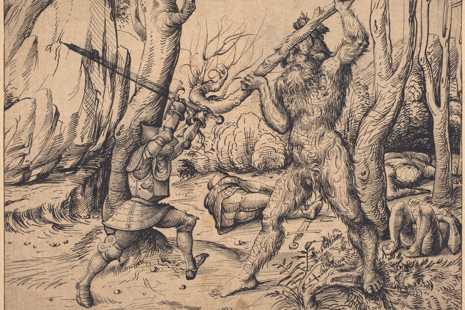 A confrontation between a man dressed in full armor and a second hairy, nude man twice his size is drawn with delicate black lines and hatching on tan-colored paper. These two men are at the center of this horizontal drawing, and trees, shrubs, rocky formations, and pebbles on the dirt ground create the setting. The armored man is to our left. He lunges forward and holds an oversized broadsword high over his helmeted head. To our right, the larger man is covered with wavy hair from head to foot. A thick, curly beard frames his scowling mouth, and he appears to wear a helmet made of bark or leaves. He also strides forward but holds up a wooden stick, really an almost in-tact trunk of a tree, to block the knight’s blow. The bodies of three people and a broken sword lie behind the wild man.