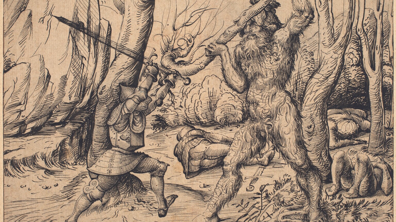 A confrontation between a man dressed in full armor and a second hairy, nude man twice his size is drawn with delicate black lines and hatching on tan-colored paper. These two men are at the center of this horizontal drawing, and trees, shrubs, rocky formations, and pebbles on the dirt ground create the setting. The armored man is to our left. He lunges forward and holds an oversized broadsword high over his helmeted head. To our right, the larger man is covered with wavy hair from head to foot. A thick, curly beard frames his scowling mouth, and he appears to wear a helmet made of bark or leaves. He also strides forward but holds up a wooden stick, really an almost in-tact trunk of a tree, to block the knight’s blow. The bodies of three people and a broken sword lie behind the wild man.
