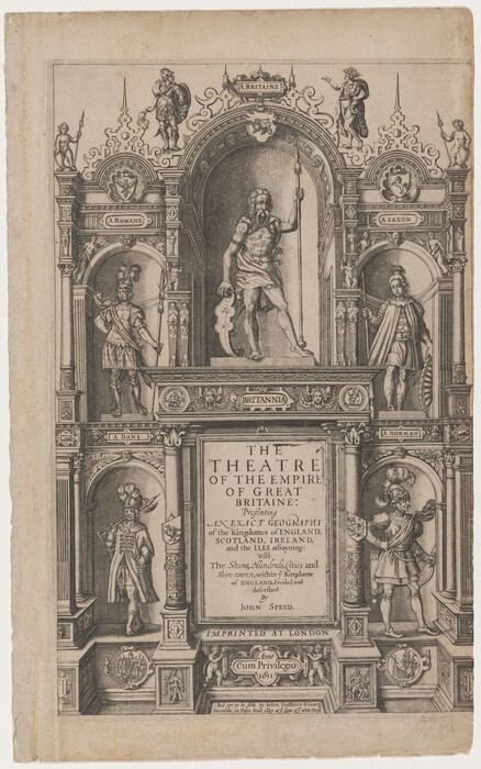 This is a drawing of a detailed historical title page design. The illustration features an architectural-style frame with various decorative elements. Within the frame is a central figure standing on a pedestal, holding a spear and a shield. Surrounding this central figure are smaller niches containing figures dressed in historical, military attire, each identified with labels. The title block in the lower central part reads "The Theatre of the Empire of Great Britaine," credited to John Speed and dated 1611. The surrounding decorations include intricate patterns, heraldic symbols, and small statues, reflecting a sense of grandeur and stately antiquity from the early 17th century. The composition aims to depict a historical narrative through detailed and symbolic imagery.