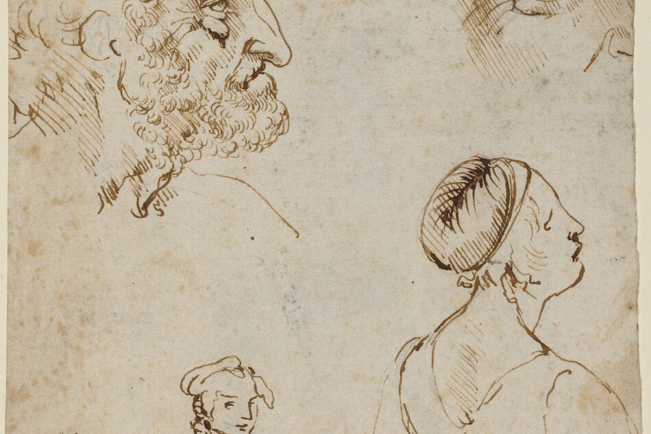 Five sketches in brown ink are spaced around a vertically oriented sheet of paper. In the top left quadrant, a bearded man faces our right in profile. He has short, curly hair, a deeply lined face, a pronounced underbite, and the tip of his long nose points down. Two independent, wrinkle-lined eyes are sketched in the top right quadrant of the page. Below are two drawings of women with their shoulders angled away from us to the right. Near the bottom left and smaller in scale, a woman looks over her shoulder at us with a slight smile on her lips. In the bottom right quadrant, a woman with her hair pulled back under a snood looks to our right in profile with her chin tipped up. The neckline of both women’s bodices dip across the shoulder blades in the back. The paper is speckled with faint brown stains and spots.