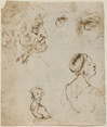 Five sketches in brown ink are spaced around a vertically oriented sheet of paper. In the top left quadrant, a bearded man faces our right in profile. He has short, curly hair, a deeply lined face, a pronounced underbite, and the tip of his long nose points down. Two independent, wrinkle-lined eyes are sketched in the top right quadrant of the page. Below are two drawings of women with their shoulders angled away from us to the right. Near the bottom left and smaller in scale, a woman looks over her shoulder at us with a slight smile on her lips. In the bottom right quadrant, a woman with her hair pulled back under a snood looks to our right in profile with her chin tipped up. The neckline of both women’s bodices dip across the shoulder blades in the back. The paper is speckled with faint brown stains and spots.
