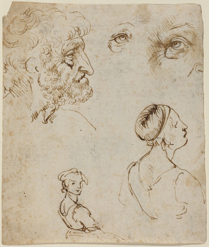 Five sketches in brown ink are spaced around a vertically oriented sheet of paper. In the top left quadrant, a bearded man faces our right in profile. He has short, curly hair, a deeply lined face, a pronounced underbite, and the tip of his long nose points down. Two independent, wrinkle-lined eyes are sketched in the top right quadrant of the page. Below are two drawings of women with their shoulders angled away from us to the right. Near the bottom left and smaller in scale, a woman looks over her shoulder at us with a slight smile on her lips. In the bottom right quadrant, a woman with her hair pulled back under a snood looks to our right in profile with her chin tipped up. The neckline of both women’s bodices dip across the shoulder blades in the back. The paper is speckled with faint brown stains and spots.