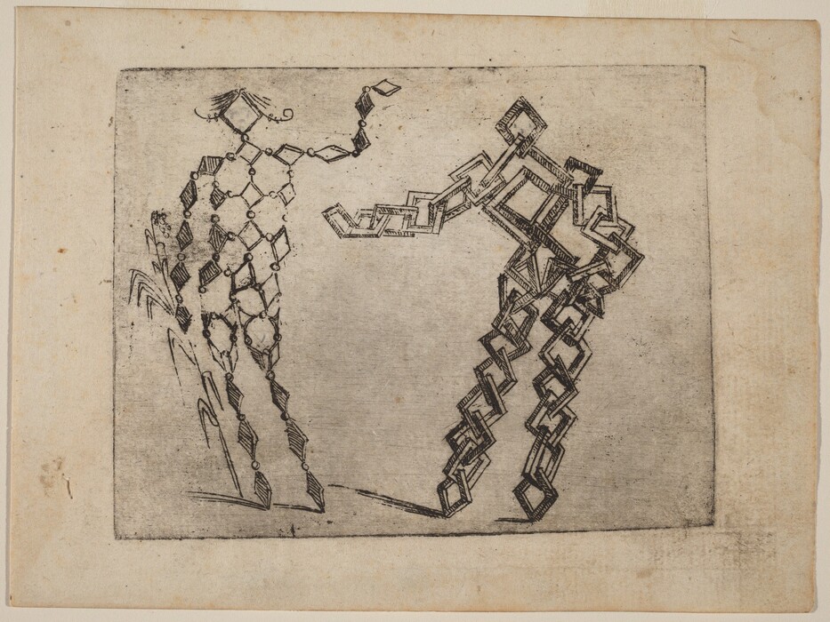 The image shows two humanoid figures created from interconnected geometric shapes and lines. The design features diamond and square shapes linked by lines, forming intricate patterns resembling chain-like structures for the limbs and bodies. The figures bear a resemblance to robotic or mechanical beings, reminiscent of armor or exoskeletons in a science fiction context. The left figure is designed with more diamond shapes forming a lattice pattern, while the right figure incorporates more rectangular forms, suggesting a dynamic pose.