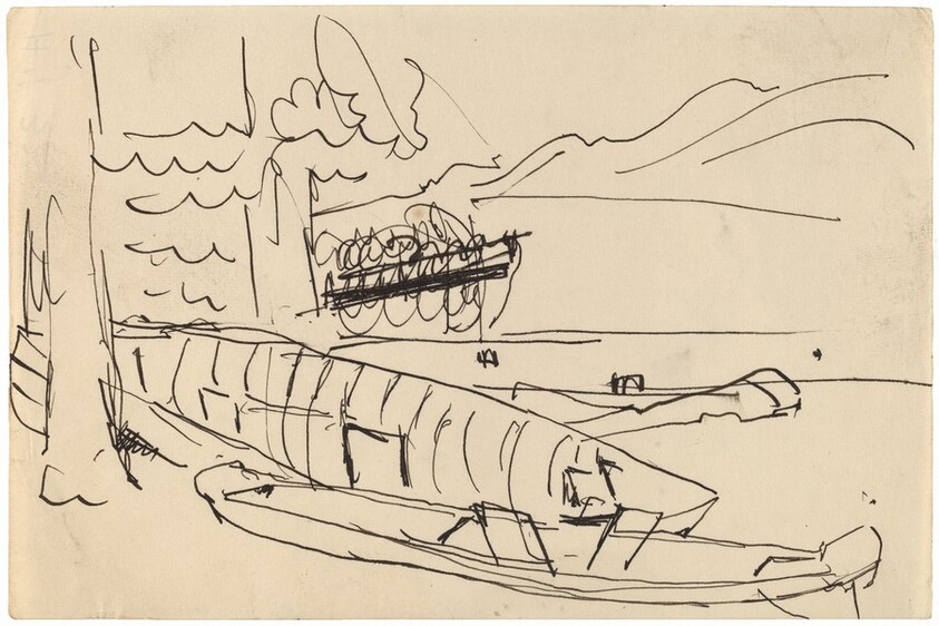 Outdoor Scene with Canoes on Shore