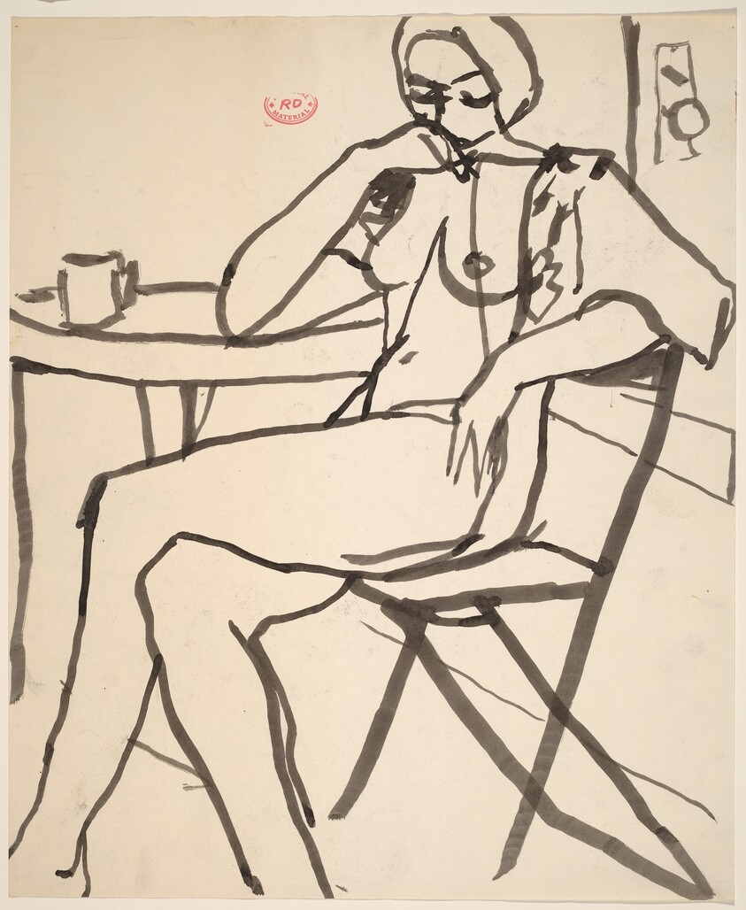 Untitled [female nude seated at table]