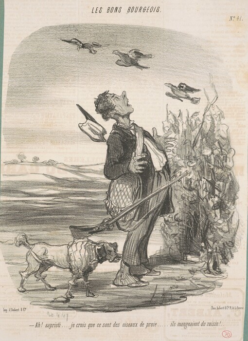 This is a drawing of a man in a suit with a dog, looking up at birds flying above them. The background depicts a rural setting with fields and a distant horizon. Text in French is present at the top and bottom of the image.
