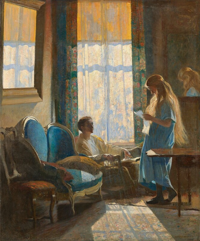 Backlit from sunlight pouring in through a tall window, a girl with waist-length, golden hair stands reading looking at a sheet of paper in profile, facing a person sitting in a chair in front of the window in the corner of the room in this vertical painting. Both people seem to have light skin though their faces are obscured by shadow. The window on the wall opposite us is to our left of center. The sheer curtain covering the window is painted loosely with strokes of lavender purple, pale peach, and cream white. Floral curtains flanking the window are painted with touches of teal and pumpkin orange. The top of the window is covered by a shade that glows marigold-orange in the sunlight, and the rails separating the windowpanes cast aquamarine-blue shadows on the sheer curtain. The standing girl tilts her head down to look at the unfolded piece of paper she holds. The hair from her forehead and down to her ears is pinned back, adding to the cascade down her back. She wears a short-sleeved, shin-length, topaz-blue, loose garment and dark slippers or shoes. She has pulled her right foot, farther from us, out of the slipper to rest on those toes. The woman across from her, to our left, sits in a wicker chair and looks up at the girl. Her brown hair is pulled back and she wears a pale, butter-yellow wrap around her shoulders. One hand rests along the arm of her chair and the other, farther from us, the pages of a book or newspaper. Her chair is tucked in next to a royal-blue couch that has a rounded back and wood trim, next to an armless wooden chair with a red upholstered seat. The girl stands behind a wooden tabletop that extends off the canvas to our right. A mirror hanging on the wall over the seated woman reflects the light from the window, and another mirror behind the girl reflects the far side of her head. The light from the window pours onto an area rug patterned with touches of sand brown, coral pink, turquoise, and white. The artist signed the painting with tiny letters in the lower right corner: “Daniel Garber.”