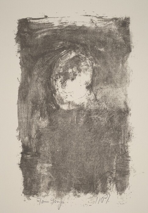 The image displays dark shapes against a lighter background, forming an abstract composition. A central area within the shapes faintly resembles a human face or bust. Surrounding darker smudges and strokes create a rough, sketchy texture similar to charcoal drawings.