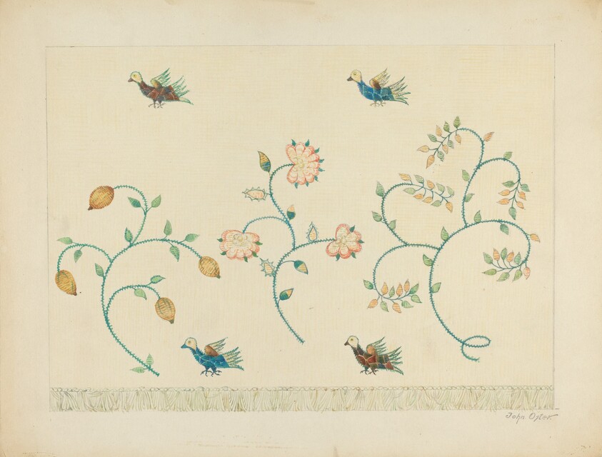 Set of Crewel Embroidered Bed Curtains