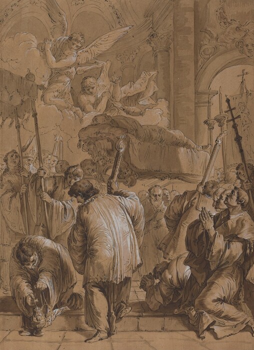 This is a drawing of a religious scene with ornate columns, angels, and individuals in devotional postures. The scene depicts an interior setting with architectural elements like columns and arches. Two angels are shown at the center top, with wings extended. Below them, church figures are seen holding torches or staffs, with some kneeling, bowing, or engaged in acts of worship. The group is gathered around a gravestone-like structure draped in fabric. The drawing features intricate detailing on the figures' robes.
