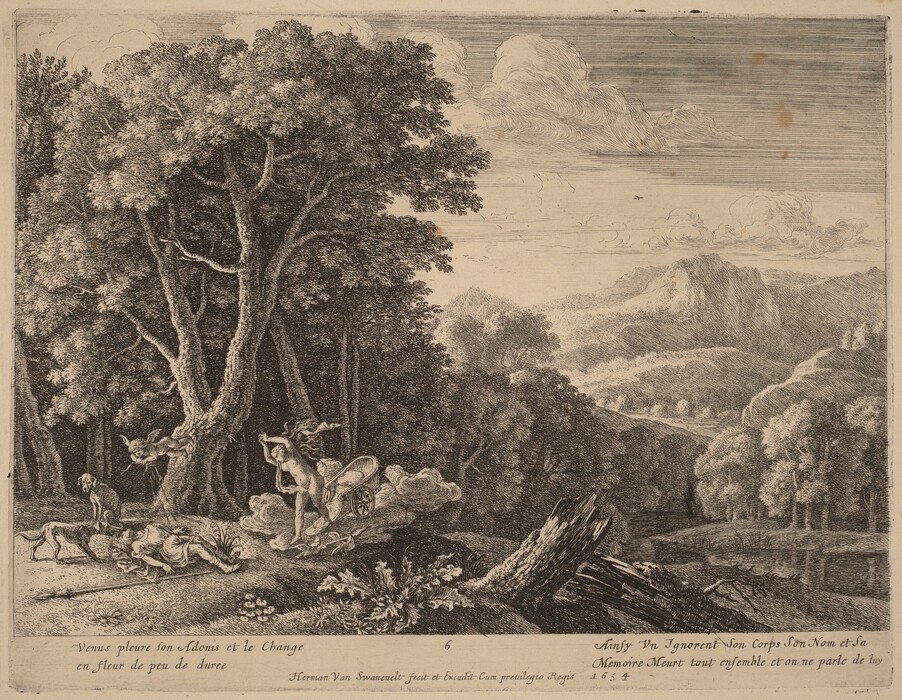 The image is a black and white etching depicting a landscape viewed from an elevated perspective. The composition includes detailed clouds, distant mountains, intricate trees and foliage, human figures, and a winged figure in motion. The middle ground features cross-hatched trees, while hills lead towards distant mountains. The artwork emphasizes light and dark contrast through shading.