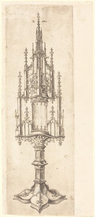 This is a drawing of an ornate, intricately designed chalice or reliquary. The image depicts a highly detailed drawing of a structure with Gothic architectural design. The object stands on a wide base detailed with floral motifs, leading up to a series of columns, arches, and spires at the top. The drawing showcases craftsmanship and possibly religious or ceremonial significance, with symmetrical floral and filigree patterns.