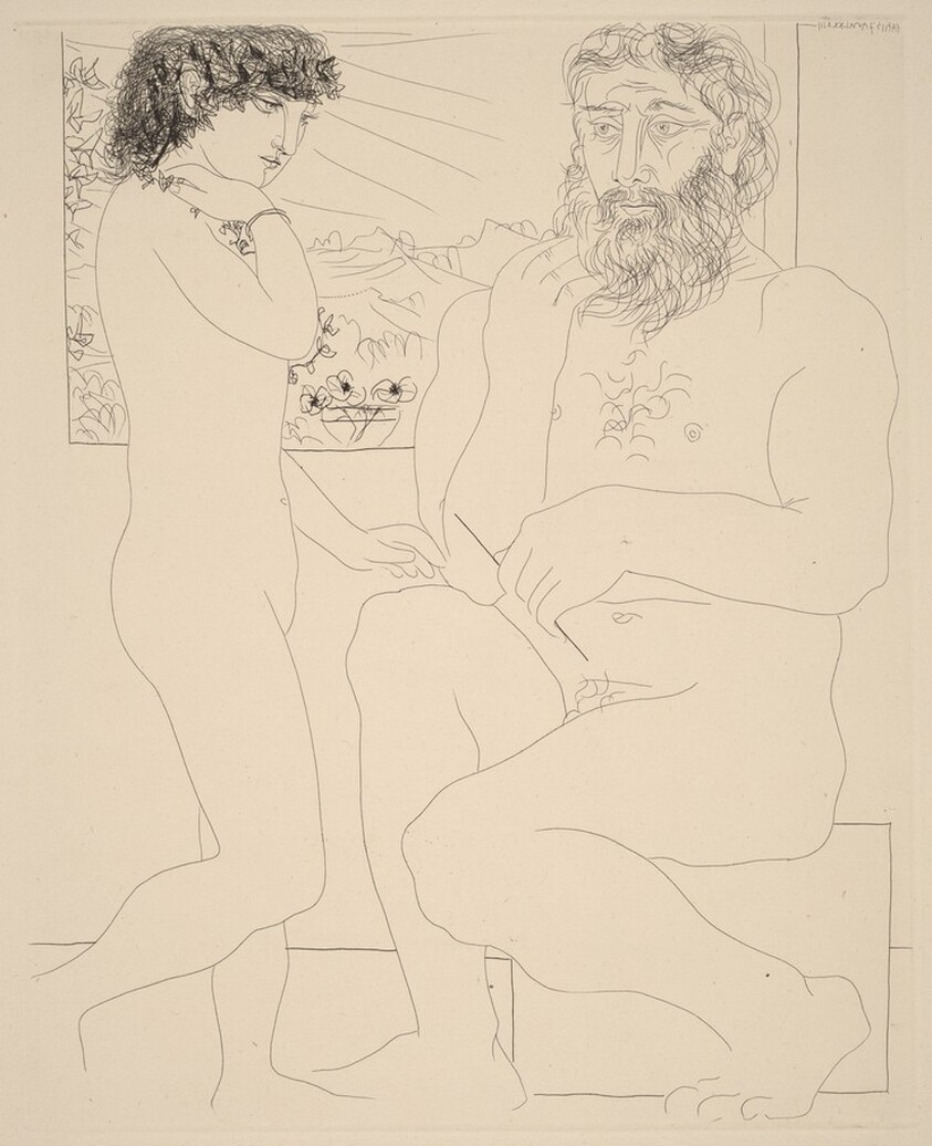 Pensive Sculptor, Model with Black Hair, and a Bowl with Three Anemones (Sculpteur songeant, modèle aux cheveux noirs, et bol avec trois anémones)