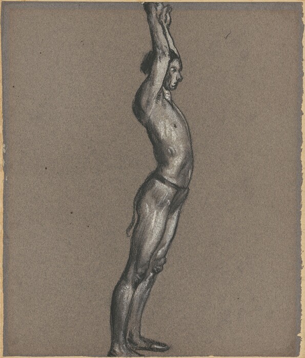 The image shows a person standing in profile with arms straight up above their head, standing on their toes with a slightly arched back. The person has short, dark hair and subtle facial features. They wear minimal clothing resembling shorts or a loincloth. The background is a simple, solid gray tone.