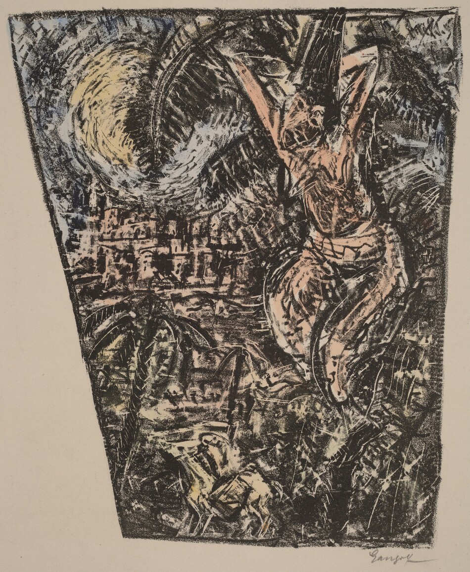 The image depicts swirling lines and angular shapes creating an abstract scene. In the center, a figure with arms raised is shown, possibly connected to a pole or tree. On the left, there is a swirling mass resembling a round object, akin to a luminous moon. The image includes busy patterns reminiscent of a forest or jungle setting with shapes resembling leaves and fronds. Towards the lower part, a small figure or object is seen.